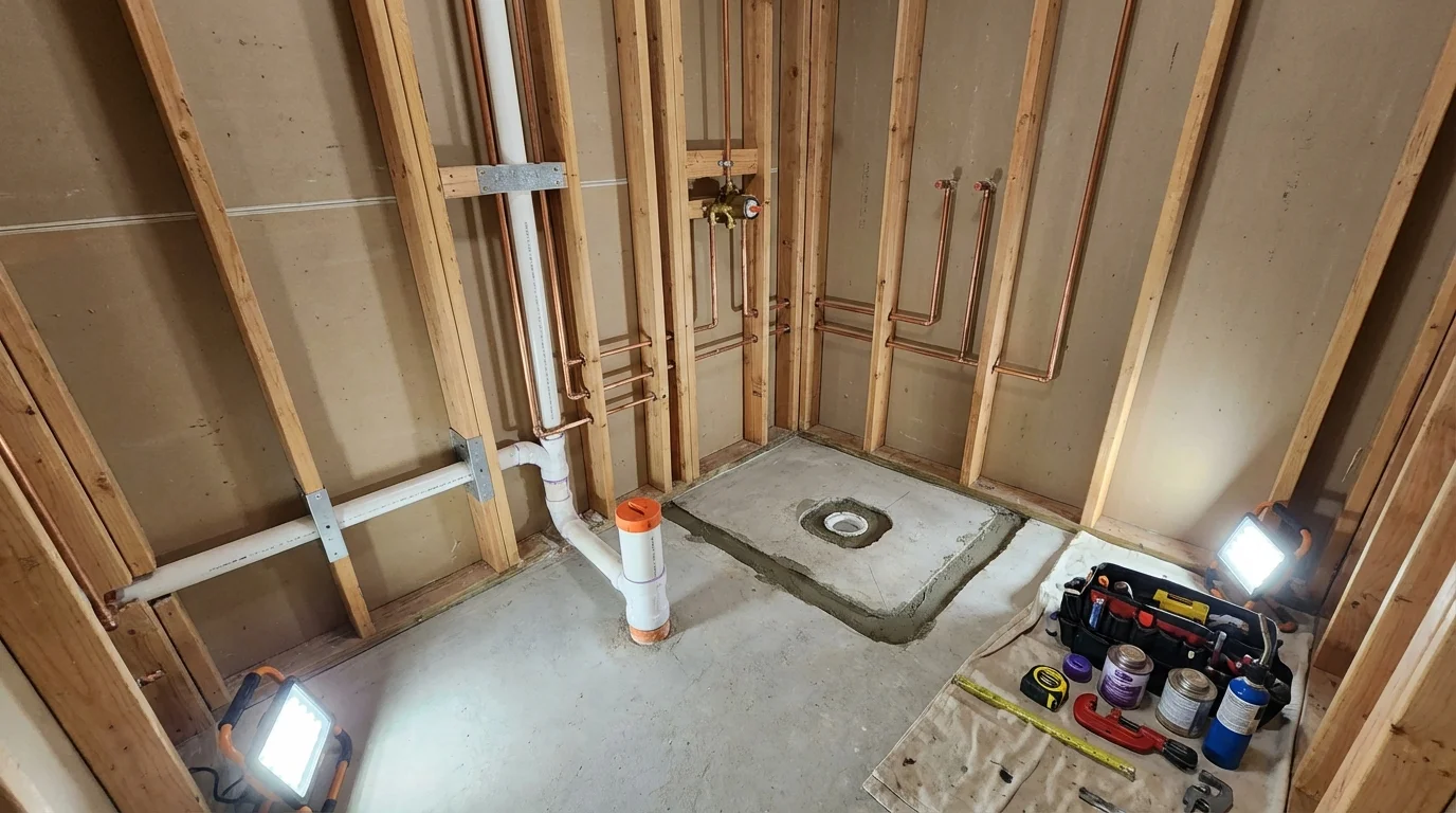 Bathroom rough-in plumbing during remodel by Johns Plumbing LLC in Coldwater