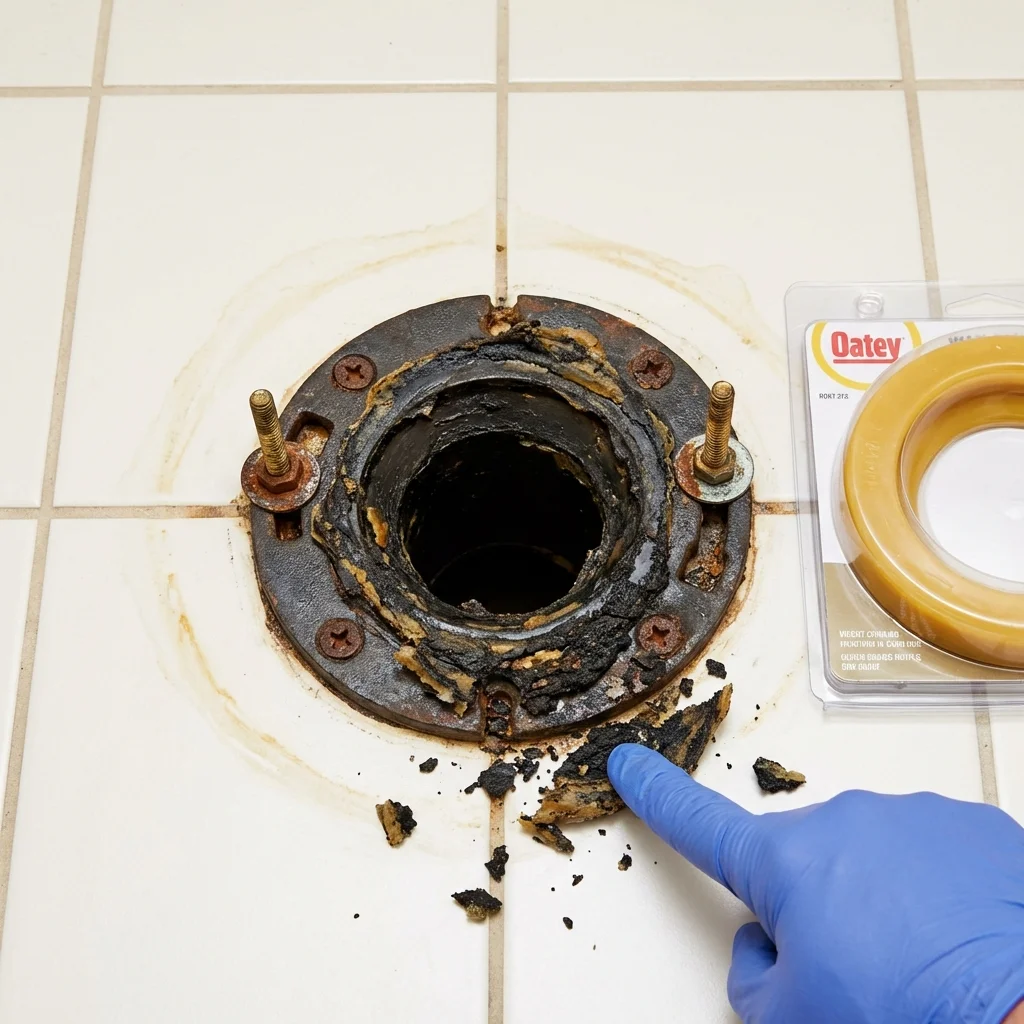 Failed wax ring showing water seepage at the base of a toilet in a Coldwater, KS home