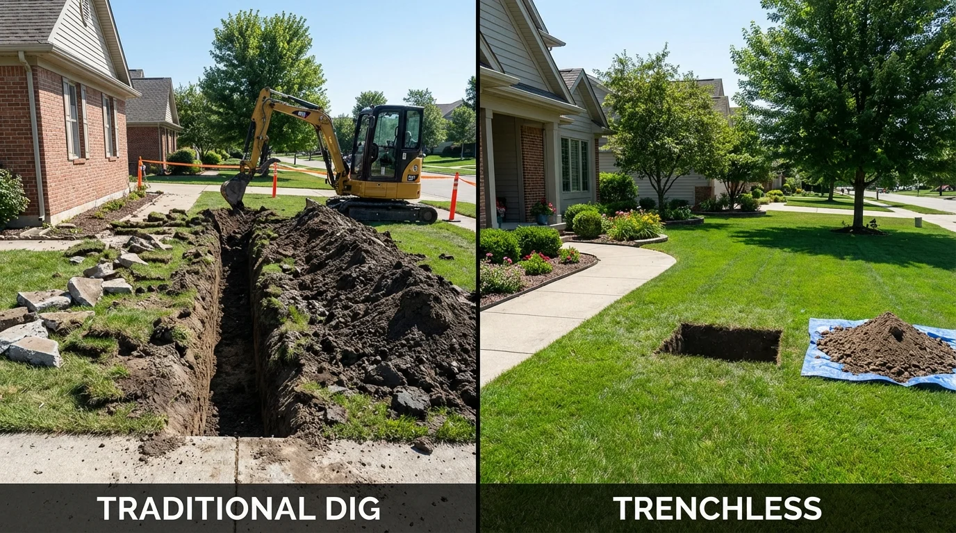 Trenchless sewer repair with minimal yard damage versus traditional excavation in Coldwater, KS